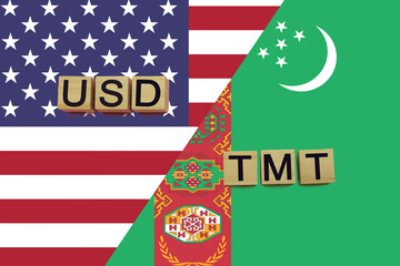USA and Turkmenistan currencies codes on national flags background