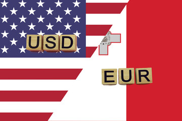 USA and Malta currencies codes on national flags background