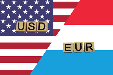 USA and Luxembourg currencies codes on national flags background