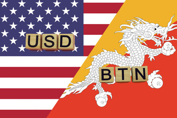 USA and Bhutan currencies codes on national flags background