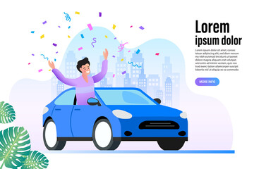 Naklejka premium Young driver leaning out of the car window. Enjoying the ride vector illustration cartoon character. Transport and lease concept. 