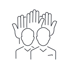 A group of people against the background of raised hands. Trust and support from social groups. Public representatives. Vector linear icon isolated on white background.