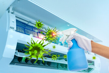 Cleaning virus and dust from  air filters In air conditioners.3D simulation of viruses inside the...