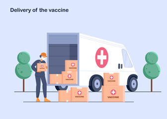 The courier outside of the truck with boxes of the vaccine. The vaccine was found for the virus. Delivery of medicines to pharmacies and at home.