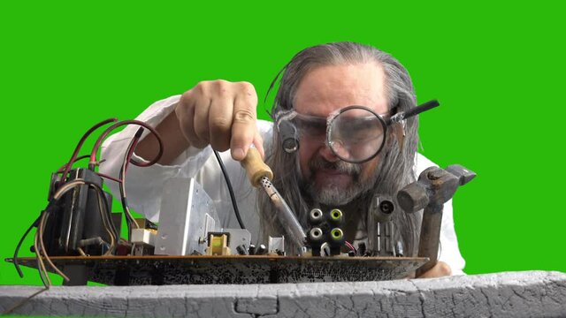 Crazy repairman with magnifying glass on glasses asks to liked it (please press  thumbs up button) after repairing the motherboard with hammer and hot soldering iron