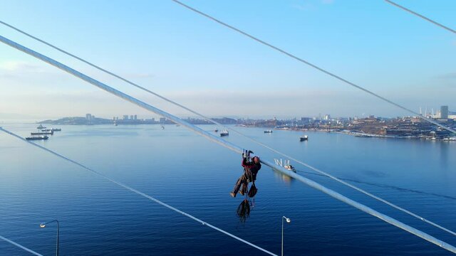 View from above. Close-up. The climber hangs on the cables and clears them of ice. Ice-covered as a result of an ice storm Russky Bridge to Vladivostok.