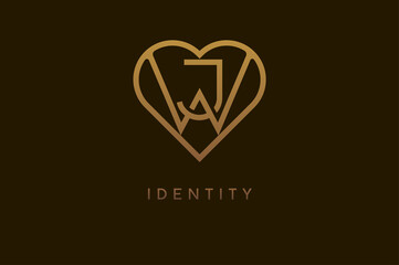 Abstract initials J and W logo, gold colour line style heart and letter combination, usable for brand, card and invitation, logo design template element,vector illustration