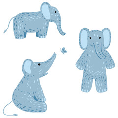Set elephants in different poses with butterfly on white background. Funny cartoon characters color blue in doodle style.