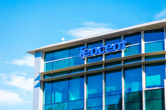 Tencent sign on Silicon Valley office a Chinese multinational conglomerate holding company. - Palo Alto, California, USA - 2020