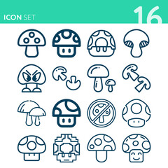Simple set of 16 icons related to mushroom