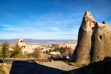 Funny and strange Cappadocia rock houses in Goreme in Anatolia, Turkey. Ruins of ancient city. The...