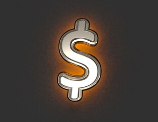 Silver metallic alphabet with outline and orange backlight - dollar - peso sign isolated on dark, 3D illustration of symbols