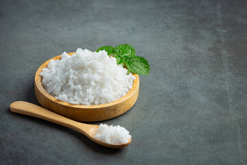 salt in wooden small plate