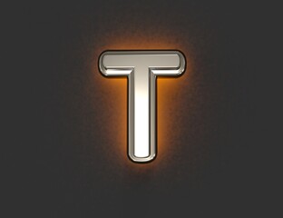 Silver brassy alphabet with outline and orange backlight - letter T isolated on dark, 3D illustration of symbols