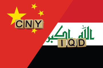 China and Iraq currencies codes on national flags background