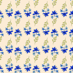 Vector seamless pattern with floral, repeating element. Pattern with a blue flower on a yellow background. Use in textiles, clothing, wallpaper, design, baby backgrounds, wrapping paper.