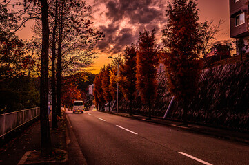 日本の秋の夕暮れ、黄昏（たそがれ）の風景、宝塚市中山五月台、11月13日、日本