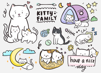 Sticker of cat family doodle outline drawing set