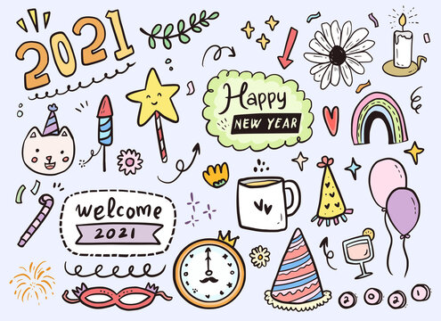 Happy new year 2021 icon sticker drawing in hand drawn style