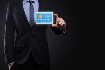 Business man in suit hand holding blank credit card icon showing for concept banking and finance service