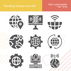 Simple set of worldwide related filled icons.