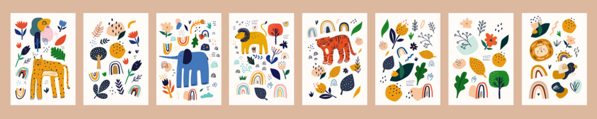 Spring floral posters with abstract shapes, flowers and animals. Baby animals posters. Fabric pattern. Vector illustration with cute animals. Nursery baby prints illustration