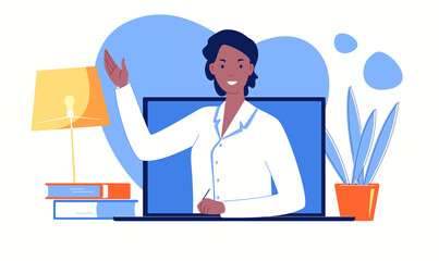 Online doctor consultation on a laptop screen. Video call to a therapist from home. Flat vector illustration.