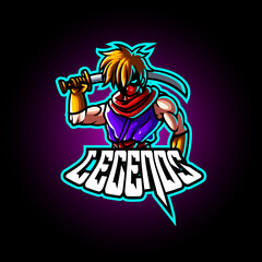 Fototapeta na wymiar Mascot esport character logo gaming purple costume ninja modern with red mask and sword. Logo gaming for team squad.