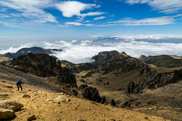 High angle shot of forest on hills covered with clouds
