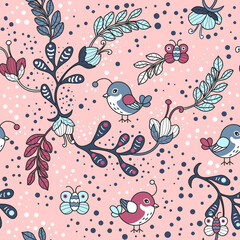 Seamless repeated surface vector pattern design with little blue and red birds and blue and white leaf branches on a pink background with dots