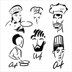 Chef, logo, black, and white vector illustration on a white background. Chef icons set, group, woman, man.