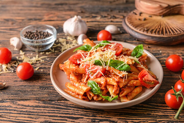 Plate of penne pasta with tomato sauce on wooden background