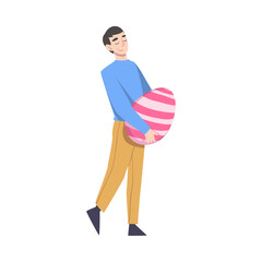 Young Man Carrying Huge Decorated Easter Egg, Happy Easter Concept Cartoon Style Vector Illustration
