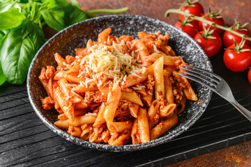 Bowl of penne pasta with tomato sauce on table