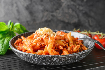 Bowl of penne pasta with tomato sauce on dark  table