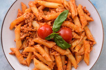 Plate of penne pasta with tomato sauce, closeup