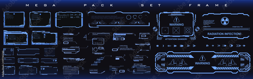 Poster Big set techno frames, callouts, information blocks, robotics elements. Rooted cyber techno frame for the HUD user interface. Techno elements, frames in cyber style