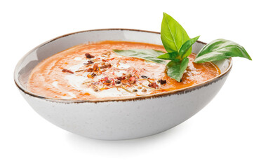 Bowl of tasty tomato cream soup isolated  on  white background
