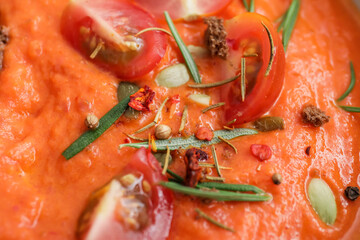 Bowl of tomato  cream soup, closeup