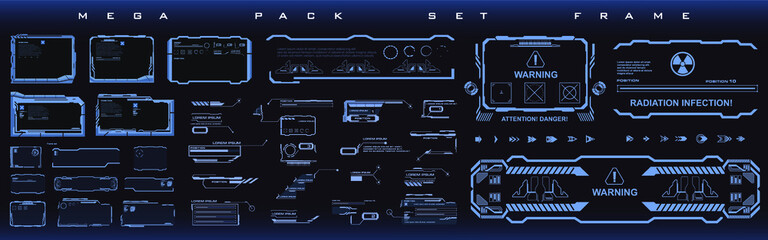 Big set techno frames, callouts, information blocks, robotics elements. Rooted cyber techno frame for the HUD user interface. Techno elements, frames in cyber style