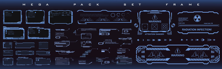 Big set techno frames, callouts, information blocks, robotics elements. Rooted cyber techno frame for the HUD user interface. Techno elements, frames in cyber style