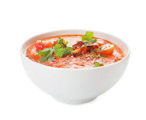 Bowl of tomato cream soup isolated  on  white background