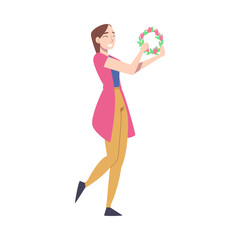 Happy Girl Holding Wreath Made of Spring Flowers, Happy Easter Concept Cartoon Style Vector Illustration