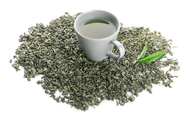 Cup of green tea and dry leaves on white background