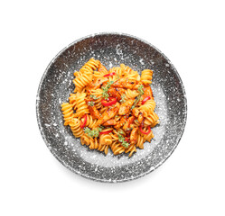 Plate of tasty pasta with chicken on white background