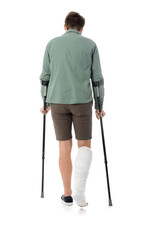 Young man with broken leg on white background