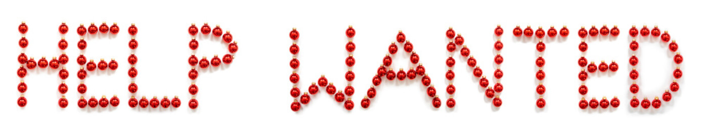 Red Christmas Ball Ornament Building English Word Help Wanted. Festive Christmas Decoration. White Isolated Background