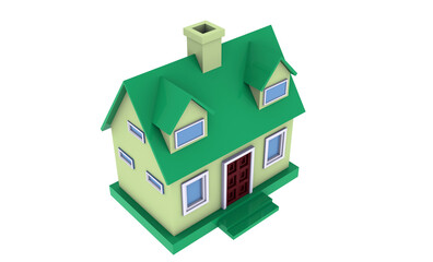 Green model of a simple house isolated on a white background. 3d illustration.