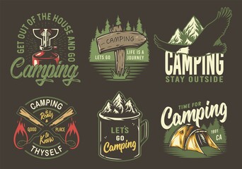 Set of camping and travel emblems or print, patch, including gas burner, metal mug, pointer, mountain and rock, tent, eagle and burning match