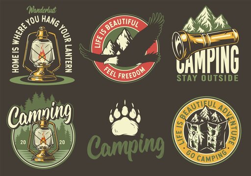 Set of camping and travel emblems or print, patch, including eagle, lamp, forest, flashlight, rock, map and bear footprint